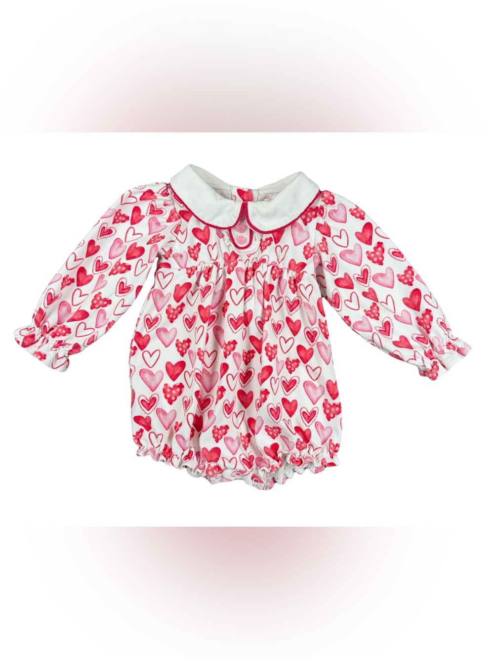 SMOCKINGBIRD Long Sleeve Pima Hearts Print Collared Bubble - 12M